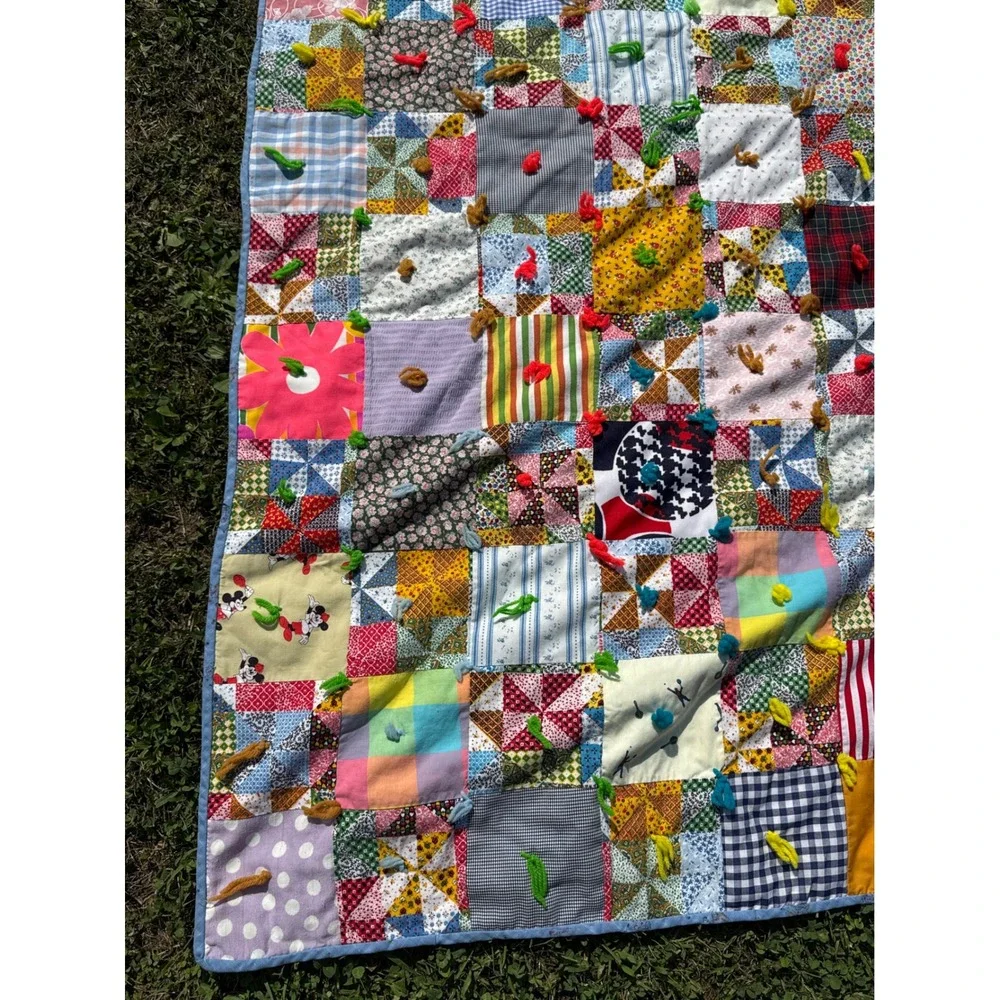 Vintage Handmade Disney Patchwork Quilt Mickey Minnie Mouse Hand Tied Scrap 70s
